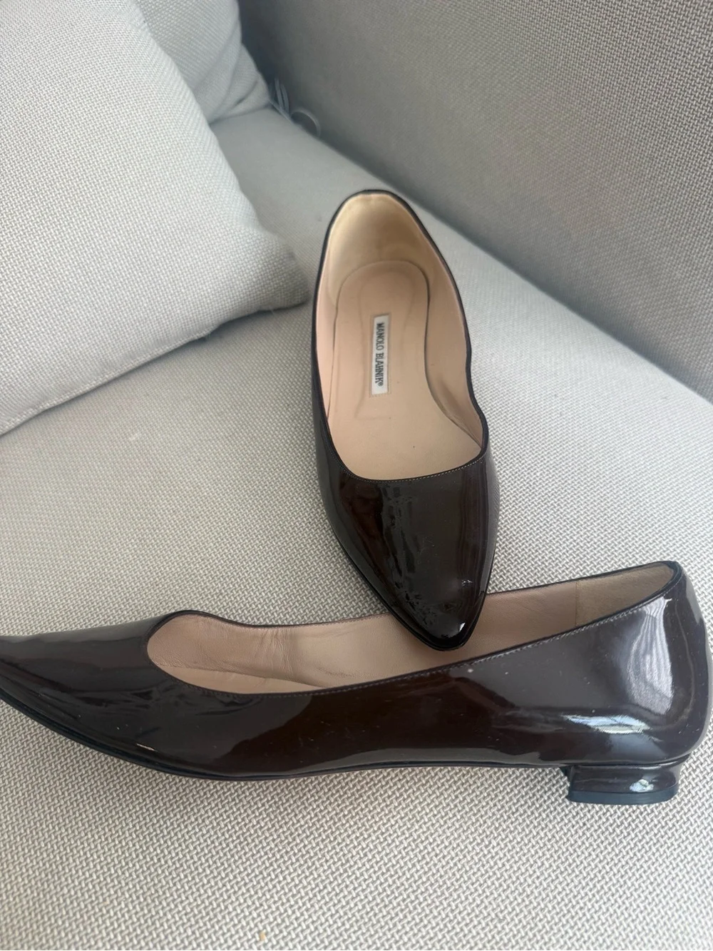 Manolo Blahnik Dark Brown Patent Pointed Toe Flats